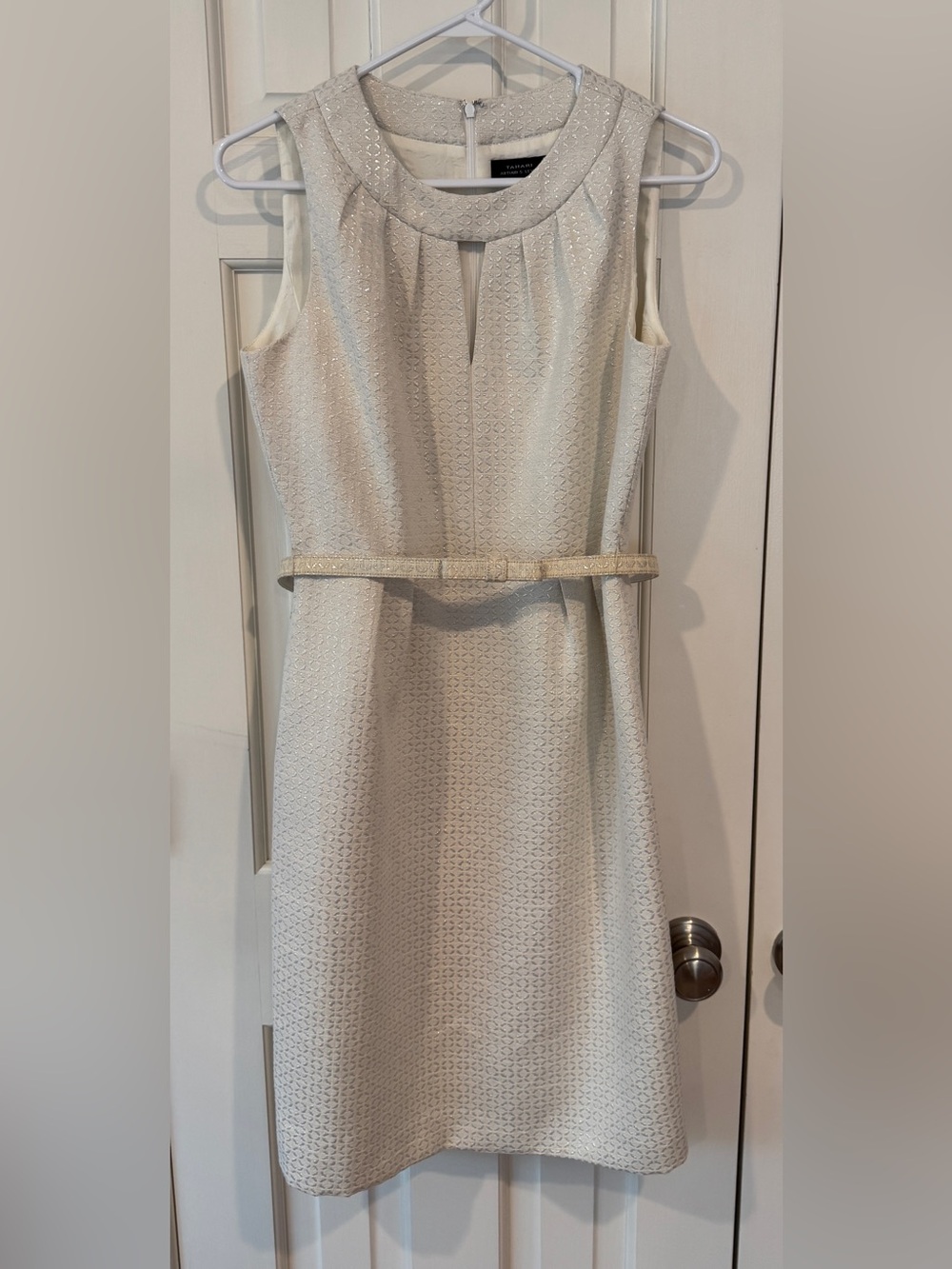 Sleeveless Cream Textured Sheath Dress with Belt